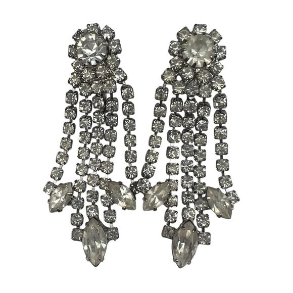 Hobe Vintage Silver Tone Clip On Earrings Clear Rhinestone Dangles - Picture 1 of 11